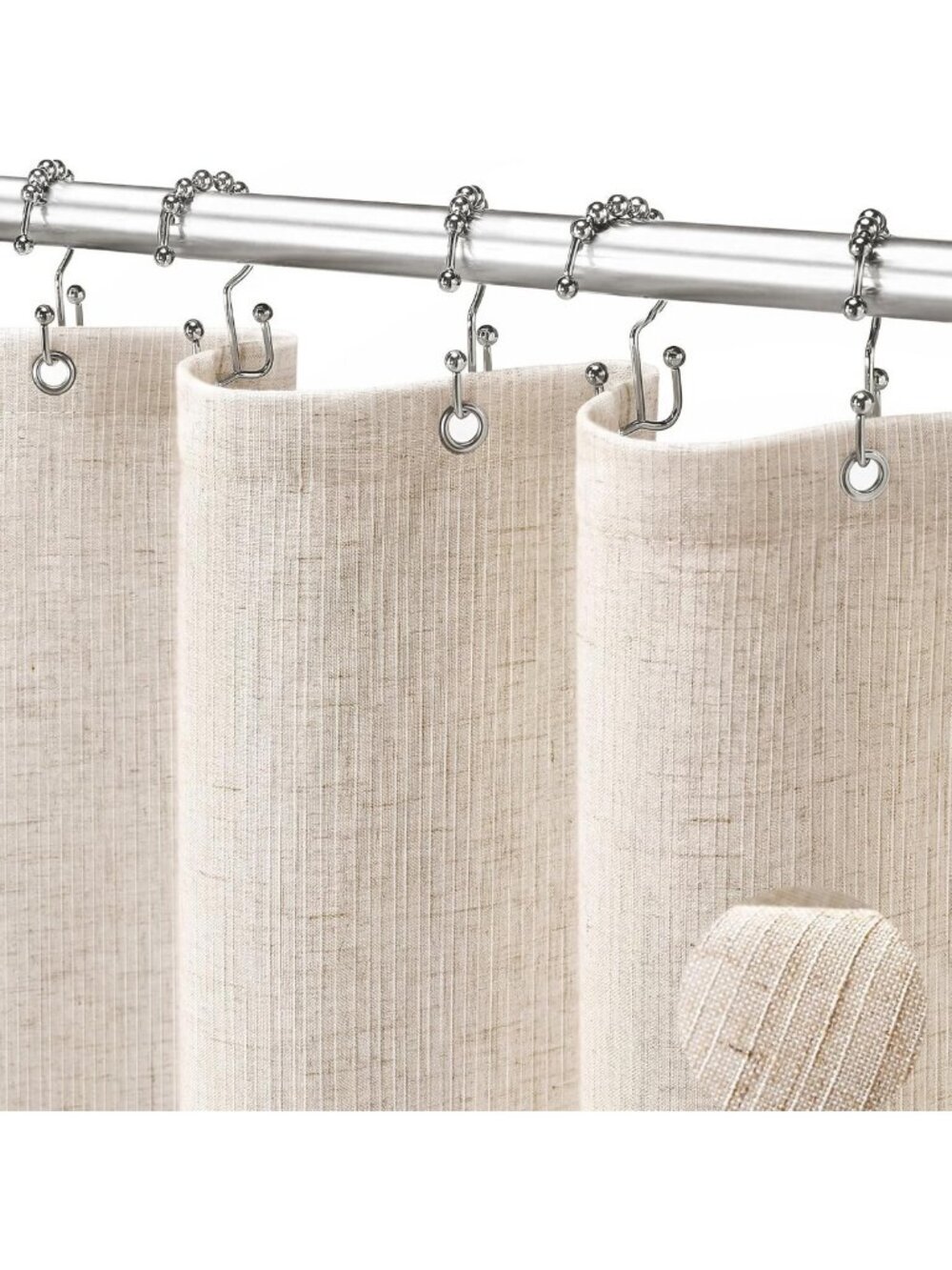 Beige Slub Linen Shower Curtain, 72"x84", Double-Sided Hooks, Stylish Bathroom